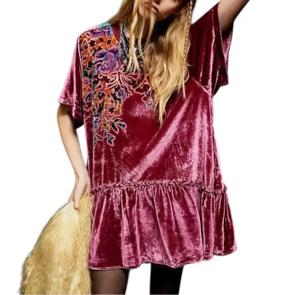 Free People Sweet Echoes Red Plum Velvet Mini Dress - Picture 1 of 10